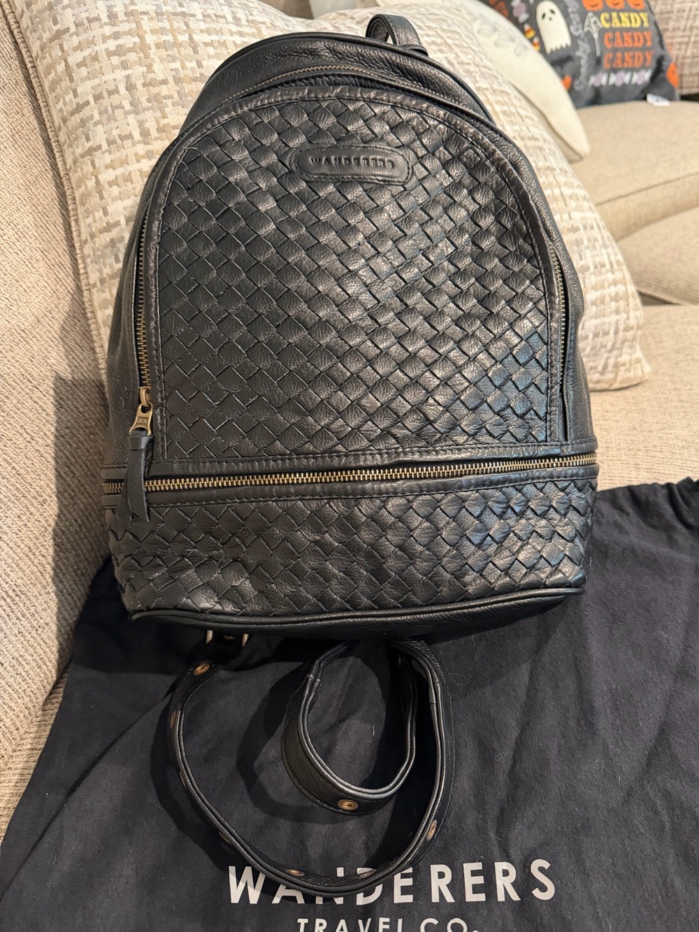Wanderers Travel Co Pompeii Black Woven Leather Backpack Dust Bag EUC
